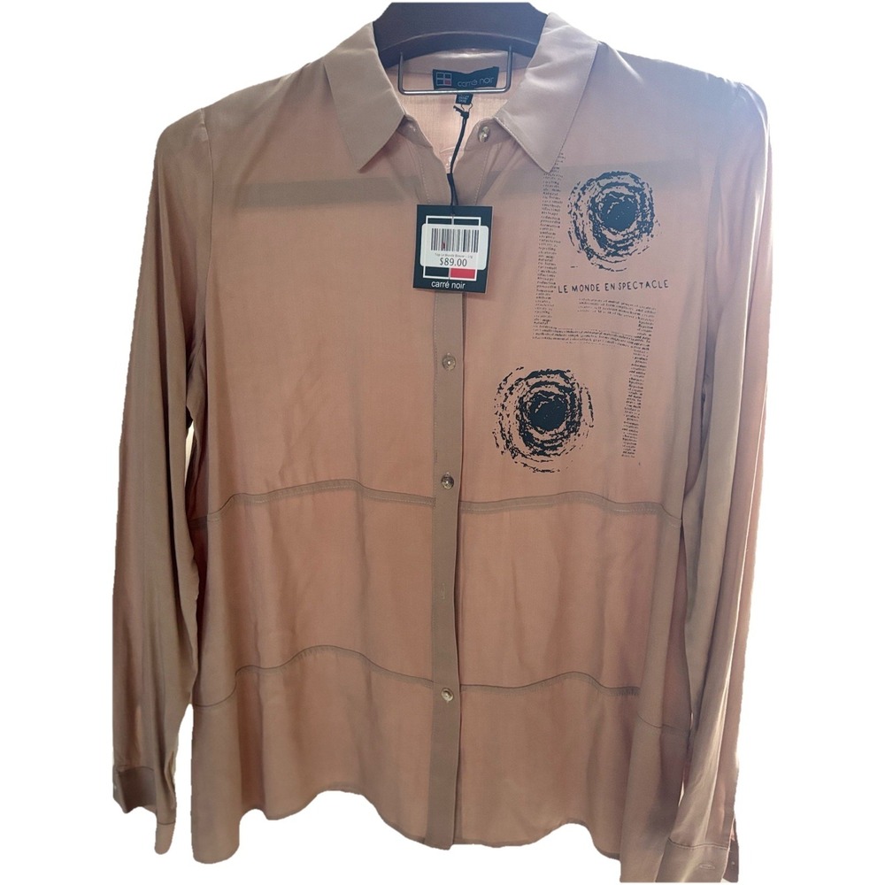 CARRE NOIR Stretch Top Large‎ Womens Button Up Long Sleeve NWT $89 Retail  Beige